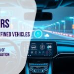 A modern Software-Defined Vehicles with holographic dashboard interfaces, showcasing advanced SDV technology, vehicle operating system, and future car software trends.