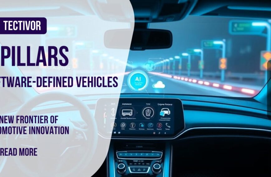 A modern Software-Defined Vehicles with holographic dashboard interfaces, showcasing advanced SDV technology, vehicle operating system, and future car software trends.