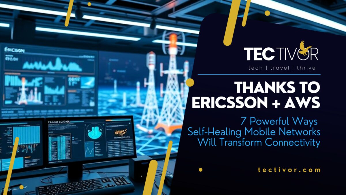Illustration of self-healing mobile networks powered by AWS and Ericsson AI, showing automated response systems in action