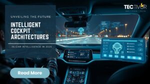 Futuristic intelligent car cockpit with glowing 3D HMI, showing active cross-screen gesture controls and seamless integration of on-device AI for advanced cockpit applications.
