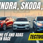 Mahindra, Skoda, and BYD cars showcasing advanced ADAS technology and electric innovation on a futuristic highway