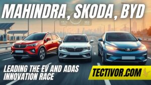 Mahindra, Skoda, and BYD cars showcasing advanced ADAS technology and electric innovation on a futuristic highway