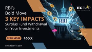RBI Bold Move - A conceptual image showing the Reserve Bank of India (RBI) building at the center, with symbolic elements representing money flowing in and out, alongside upward-trending stock market graphs (equity) and more stable or slightly declining graphs (debt funds), illustrating the effects of the RBI's surplus fund withdrawal on liquidity and various investments.