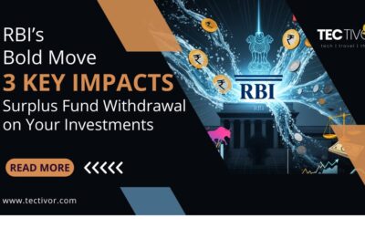 RBI Bold Move - A conceptual image showing the Reserve Bank of India (RBI) building at the center, with symbolic elements representing money flowing in and out, alongside upward-trending stock market graphs (equity) and more stable or slightly declining graphs (debt funds), illustrating the effects of the RBI's surplus fund withdrawal on liquidity and various investments.
