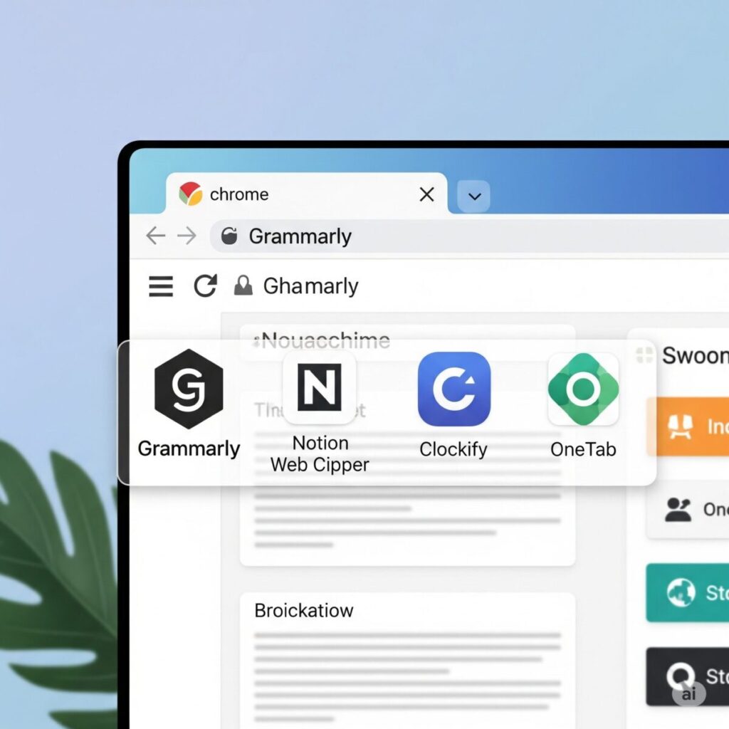 Logos of Grammarly, Notion Web Clipper, Clockify, and OneTab shown in Chrome browser tab interface – Top Chrome Extensions for Productivity.
