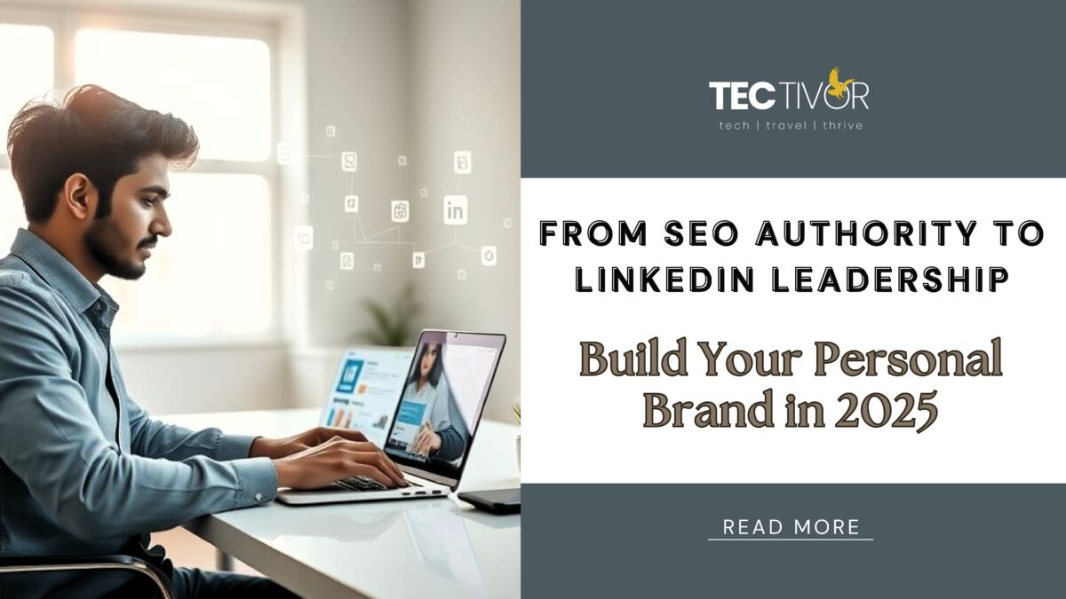 A professional man optimizing her LinkedIn profile and personal brand website, representing modern SEO professionals and personal branding strategy