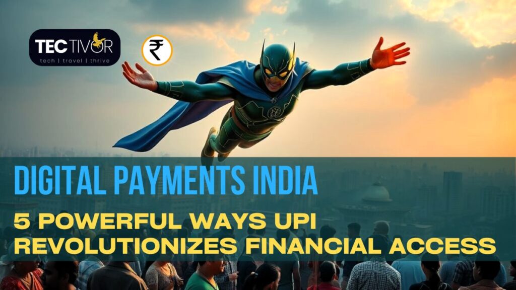 A powerful Indian superhero, symbolizing digital payments India, flies above an Indian city with UPI and Digital Rupee emblems, representing financial inclusion and growth.