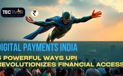 A powerful Indian superhero, symbolizing digital payments India, flies above an Indian city with UPI and Digital Rupee emblems, representing financial inclusion and growth.