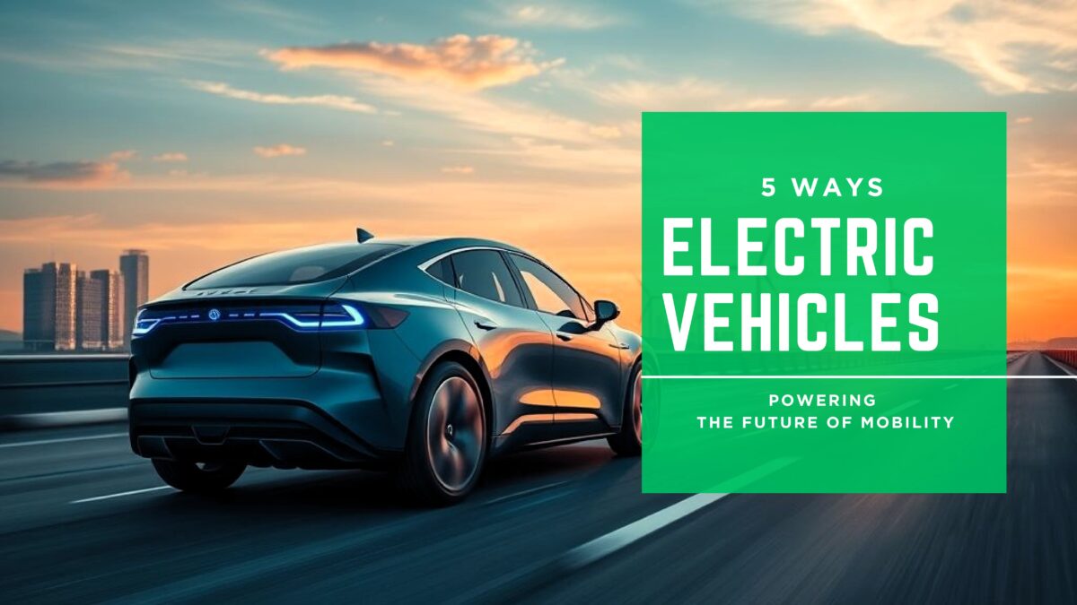 A futuristic electric vehicles (EV) driving on a highway with a city skyline and renewable energy sources, symbolizing automotive electrification and sustainable transportation.