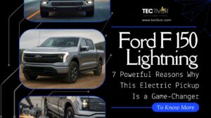 A Ford F 150 Lightning electric pickup truck towing equipment at a rugged construction site, showcasing the power and versatility of the F-150 pickup.