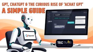 GPT technology - A humanoid robot next to a ChatGPT interface screen with bold title text showcasing keywords like achat gpt, cghat gpt, gpt 4, and chatgptlogin — representing the evolution of GPT AI tools