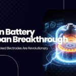 Futuristic energy core illustrating silicon battery lifespan breakthrough with interlocked electrodes and glowing tech elements