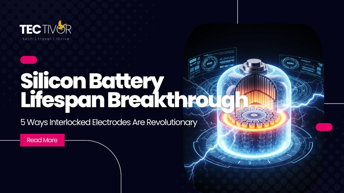 Futuristic energy core illustrating silicon battery lifespan breakthrough with interlocked electrodes and glowing tech elements