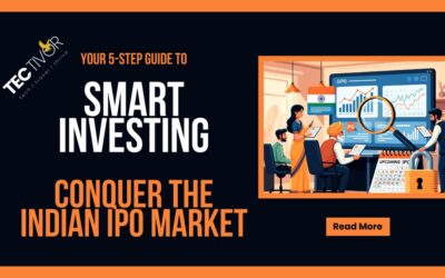 Smart Investing, a diverse group of Indian investors, including men and women in traditional and business attire, observe a large digital screen displaying IPO growth charts and upcoming IPO dates. A magnifying glass emphasizes research, and a padlock symbolizes the security and risks of IPO investing India. This visual guides retail investors through the IPO process India for retail investors, from learning how to invest in IPO India and checking IPO allotment status check India to identifying best upcoming IPOs India.