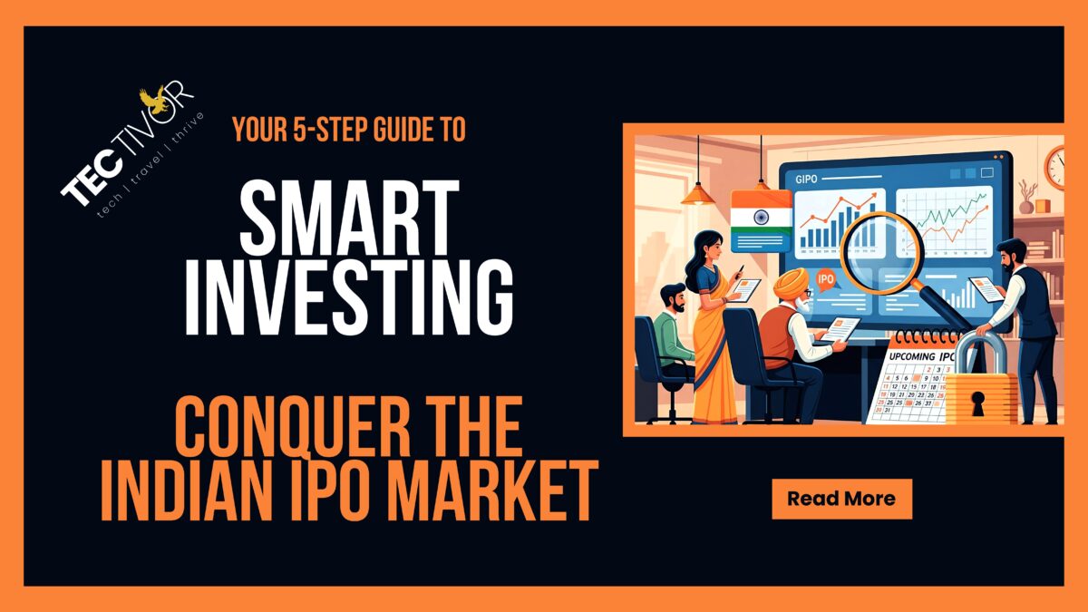 Smart Investing, a diverse group of Indian investors, including men and women in traditional and business attire, observe a large digital screen displaying IPO growth charts and upcoming IPO dates. A magnifying glass emphasizes research, and a padlock symbolizes the security and risks of IPO investing India. This visual guides retail investors through the IPO process India for retail investors, from learning how to invest in IPO India and checking IPO allotment status check India to identifying best upcoming IPOs India.