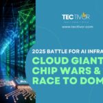 A futuristic view of a large data center with glowing blue, green, and purple lights emanating from server racks, symbolizing immense compute power. In the foreground, two intricate AI chips with glowing circuitry are depicted, representing the AI chip market and the battle for AI infrastructure.
