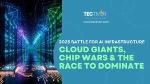 A futuristic view of a large data center with glowing blue, green, and purple lights emanating from server racks, symbolizing immense compute power. In the foreground, two intricate AI chips with glowing circuitry are depicted, representing the AI chip market and the battle for AI infrastructure.