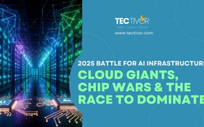 2025 Battle for AI Infrastructure: Cloud Giants, Chip Wars & the Race to Dominate A futuristic view of a large data center with glowing blue, green, and purple lights emanating from server racks, symbolizing immense compute power. In the foreground, two intricate AI chips with glowing circuitry are depicted, representing the AI chip market and the battle for AI infrastructure.