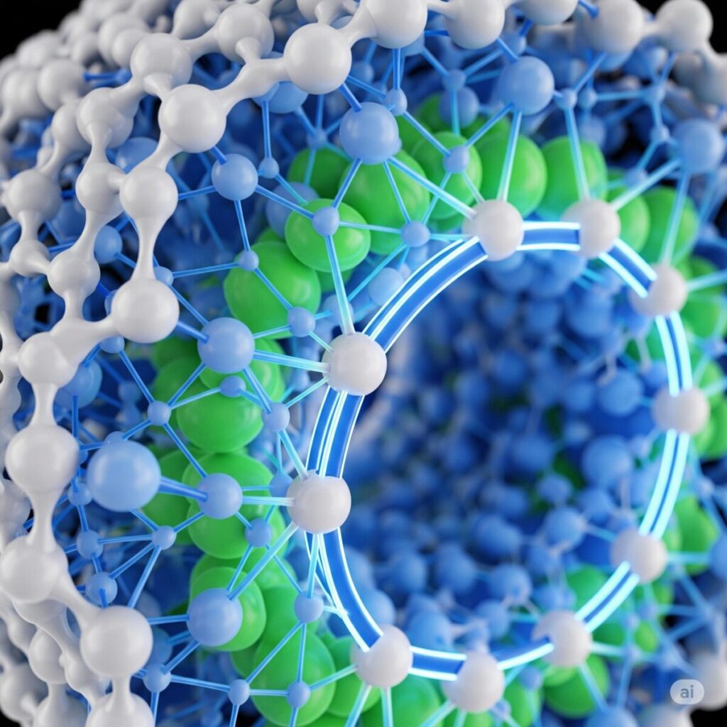 A stylized, magnified cross-section of an interlocked electrode battery, showing silicon anode particles seamlessly integrated with a quasi-solid-state electrolyte through strong, visible chemical bonds. The structure should appear robust, stable, and interconnected, with glowing lines representing efficient ion transport. Use clean, bright colors like blues, greens, and whites to convey innovation and stability.