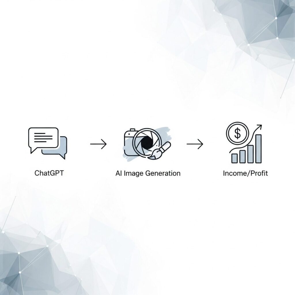 Visual pathway from ChatGPT curiosity to AI image generation and passive income