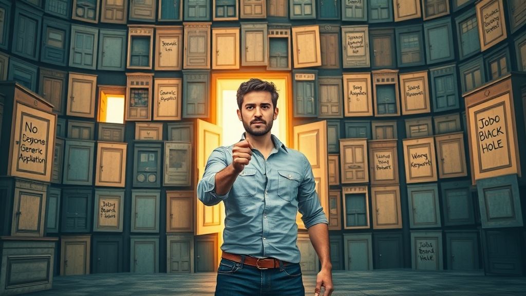 A person confidently standing in front of multiple open doors (some glowing with light), while others behind them are labeled “No response” or “Generic Apply”.