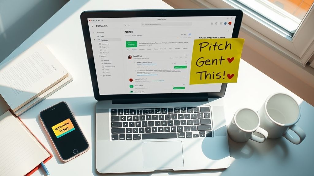 A desk with a laptop, a sticky note that says “Pitch Sent ✔”, a calendar showing “Interview Today”, and a coffee mug that says “You’ve Got This”.
